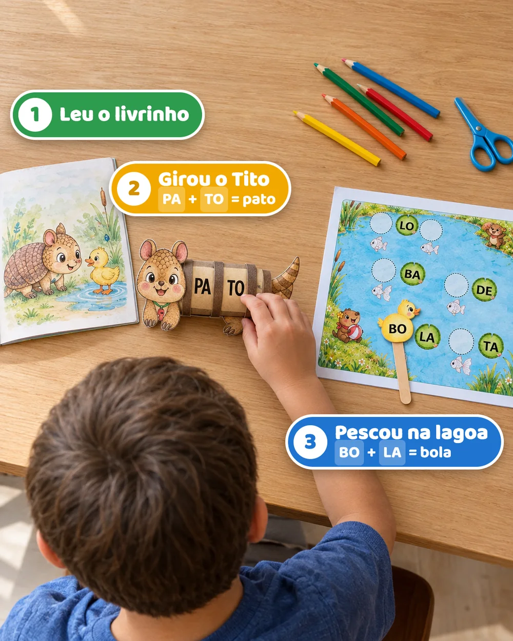 Leu o livrinho, girou o Tito (PA + TO = pato), pescou na lagoa (BO + LA = bola)