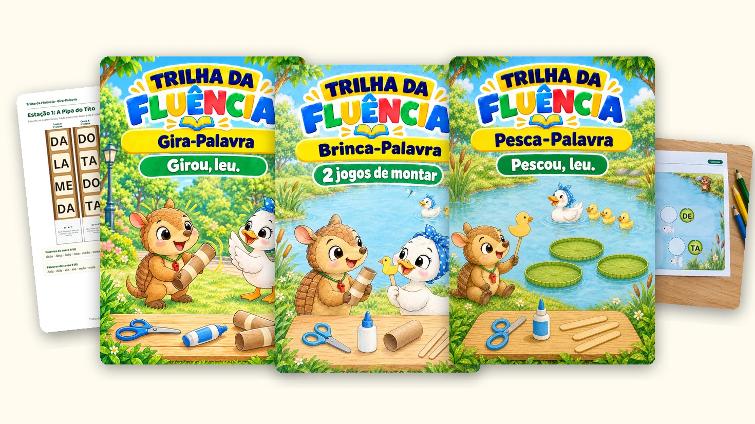Capas do Gira-Palavra, do Brinca-Palavra e do Pesca-Palavra