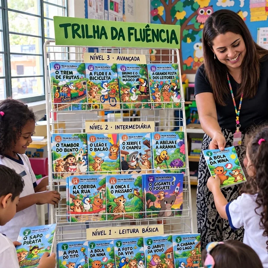 Professora entregando o livrinho A Bola da Nina a uma aluna, ao lado do expositor da Trilha da Fluência com os 20 livros separados por nível