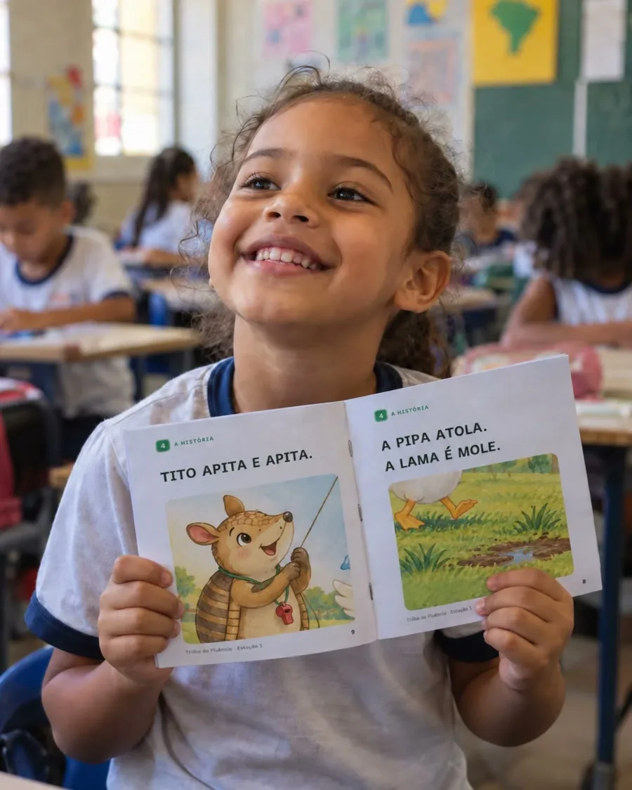 Menina sorrindo com o livrinho A Pipa do Tito aberto, na sala de aula